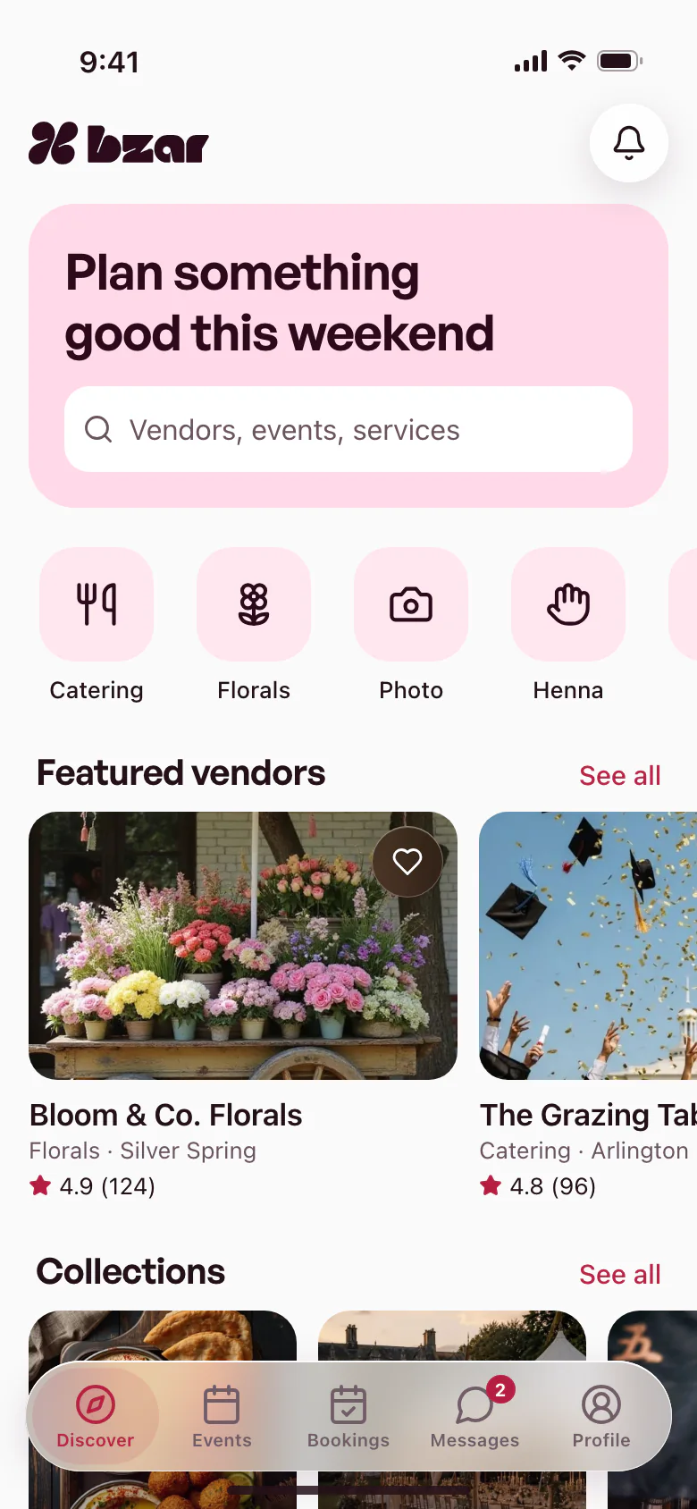 The bzar app's Discover screen: a pink “Plan something good this weekend” search card, category shortcuts for catering, florals, photo and henna, and featured local vendors.