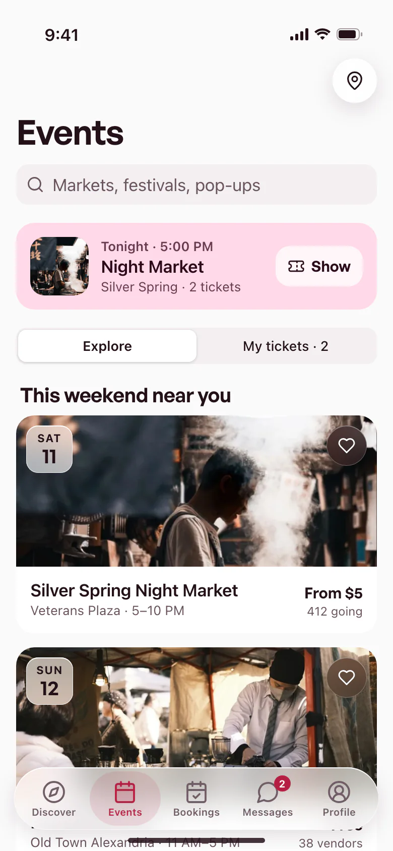The bzar app's Events screen: tonight's Night Market tickets ready to show at the top, then markets and fairs happening near you this weekend.