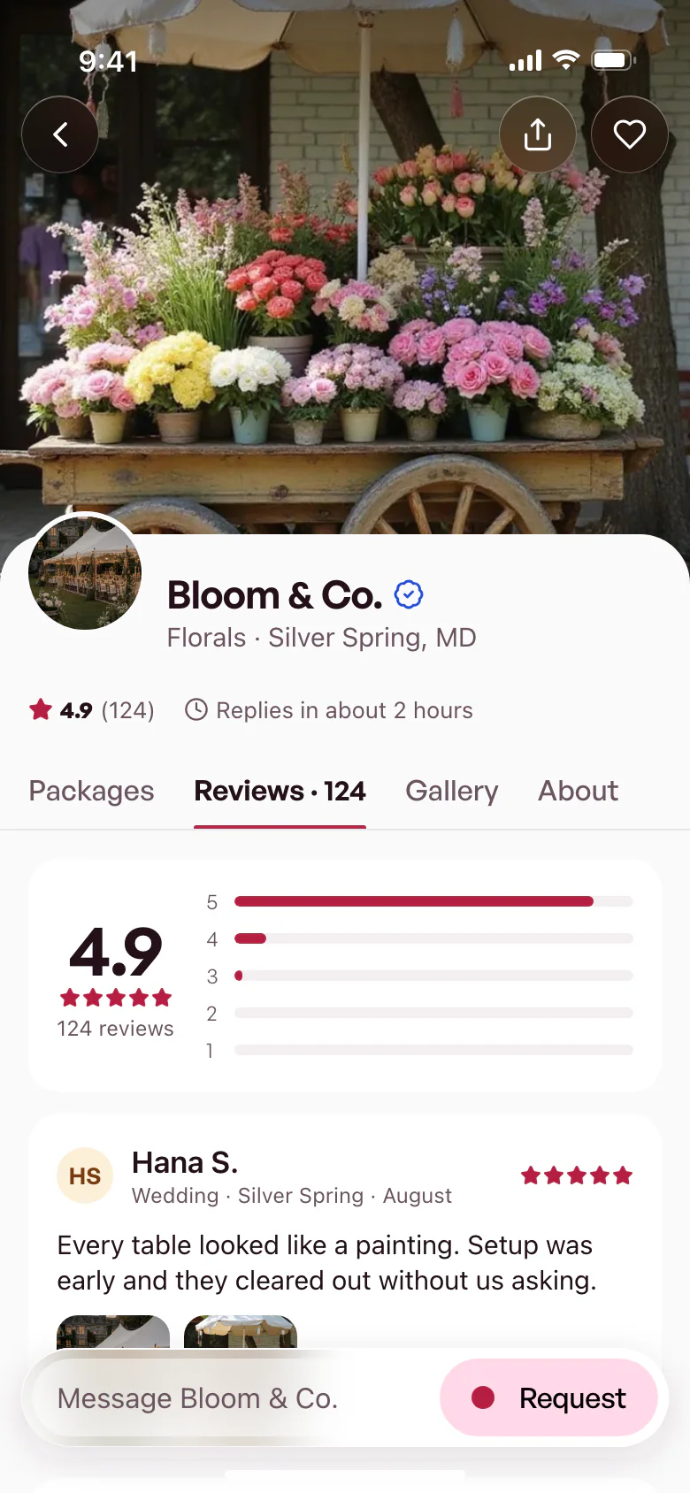 A florist's storefront in the bzar app on the Reviews tab: a 4.9 rating from 124 reviews, a rating breakdown, and a review from a recent wedding.