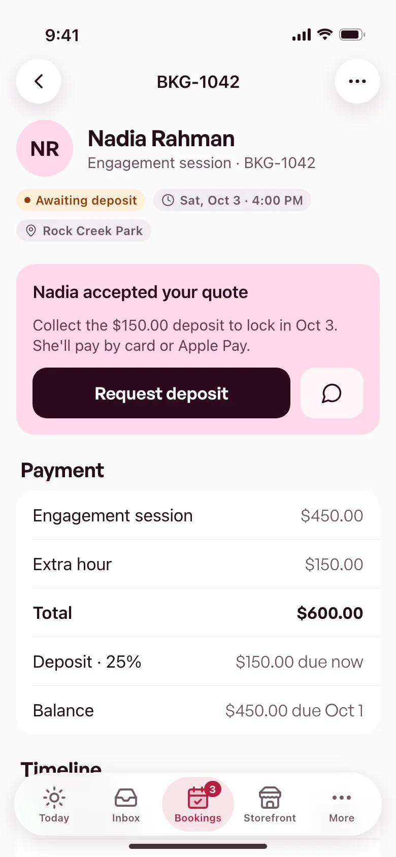 A booking in the bzar app: the client accepted the quote, a Request deposit button, and the payment breakdown with the deposit due now and the balance due later.