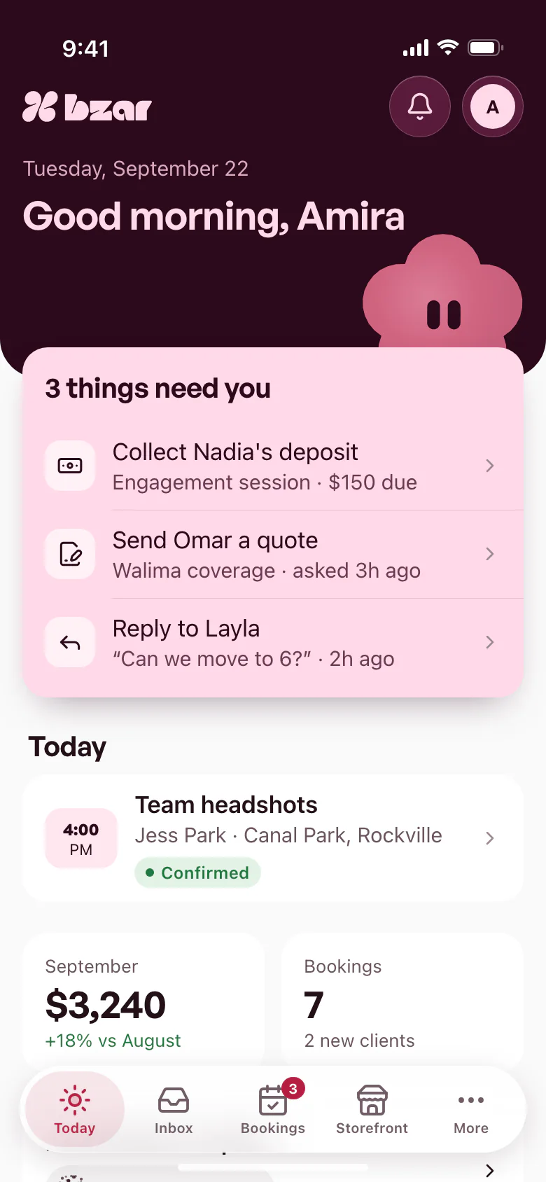 A vendor's Today screen in the bzar app: a plum greeting header, three things that need attention (collect a deposit, send a quote, reply to a client) and today's shoot.